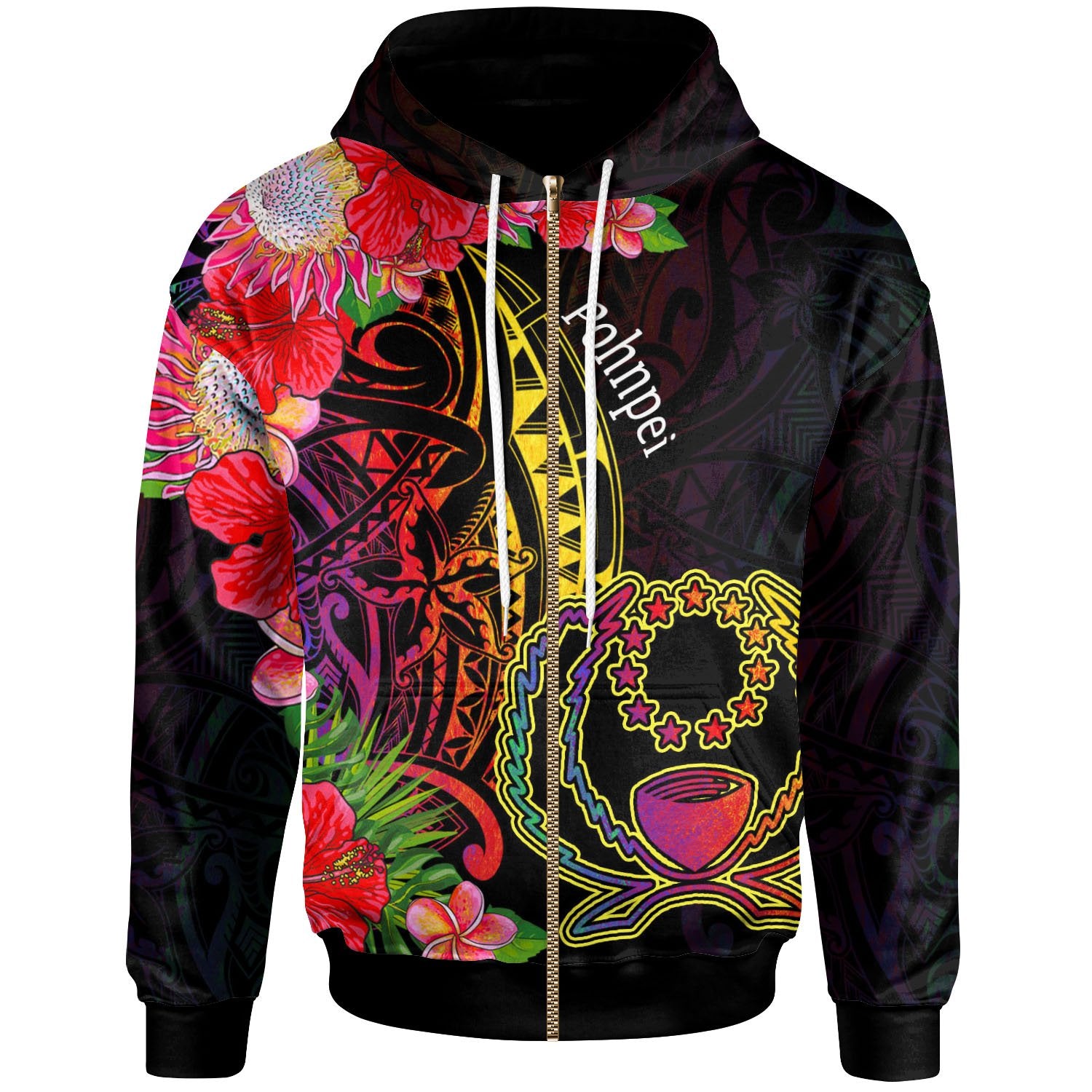 Pohnpei Zip Hoodie Tropical Hippie Style Unisex Black - Polynesian Pride