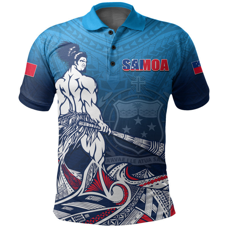 Custom Samoa Warrior Polo Shirt Polynesian No.1 LT6 Blue - Polynesian Pride