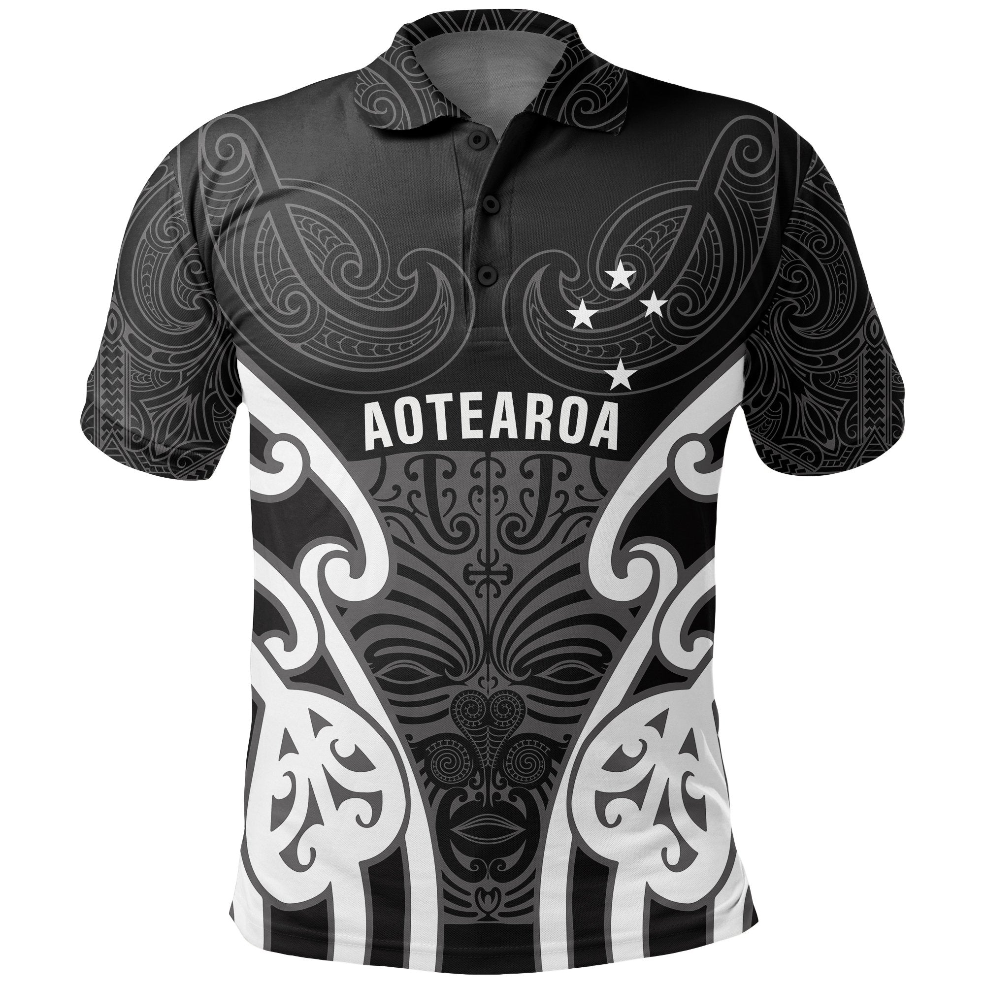 Aotearoa Polo Shirt Maori Moko (Black White) Unisex Black - Polynesian Pride