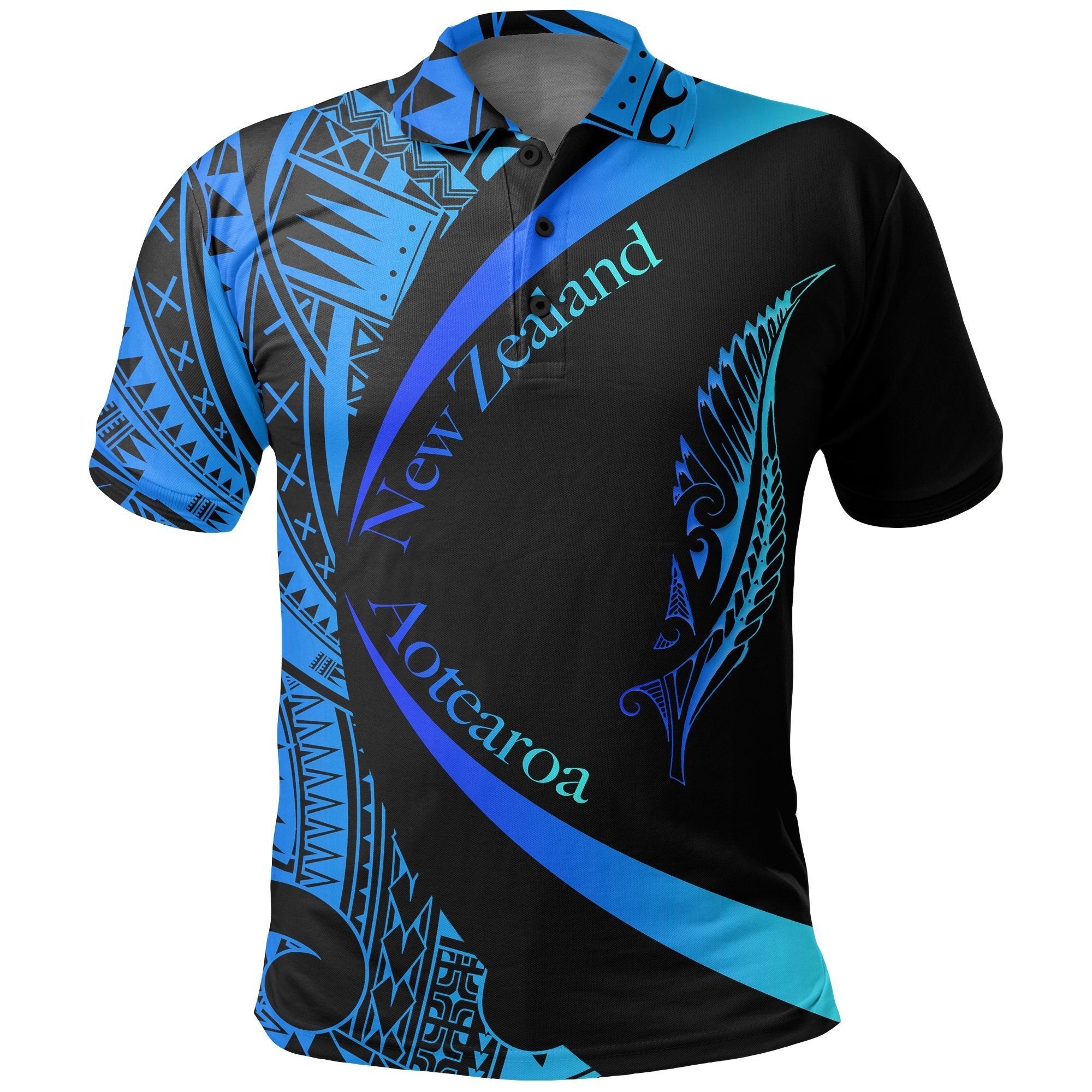 New Zealand Silver Fern Polo Shirt Maori Tattoo Circle Style Blue Unisex Black - Polynesian Pride