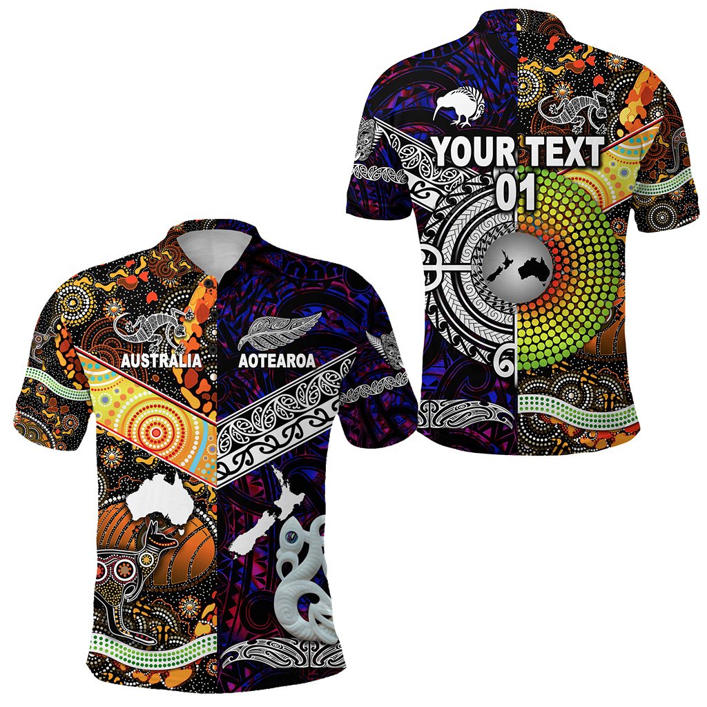 Custom New Zealand Australia Polo Shirt Maori and Aboriginal Together Purple, Custom Text and Number LT8 Unisex Black - Polynesian Pride