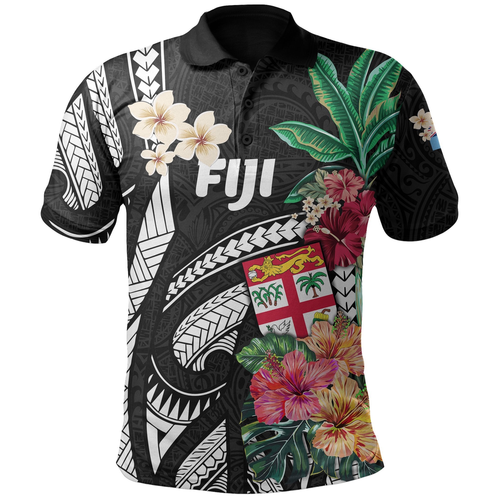 Fiji All Over Print Polo Shirt Coat Of Arms Polynesian With Hibiscus Black - Polynesian Pride