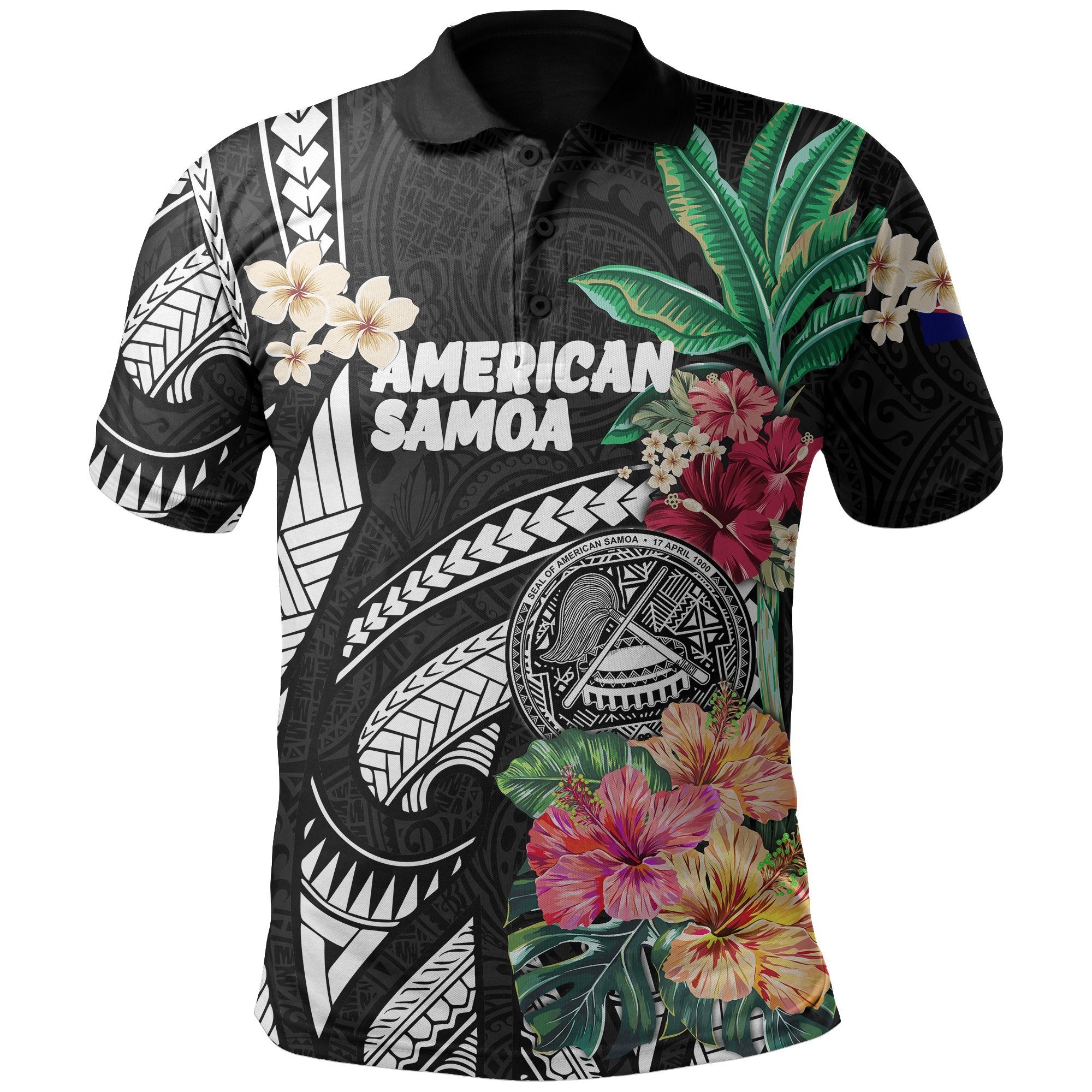 American Samoa All Over Print Polo Shirt Coat Of Arms Polynesian With Hibiscus Black - Polynesian Pride