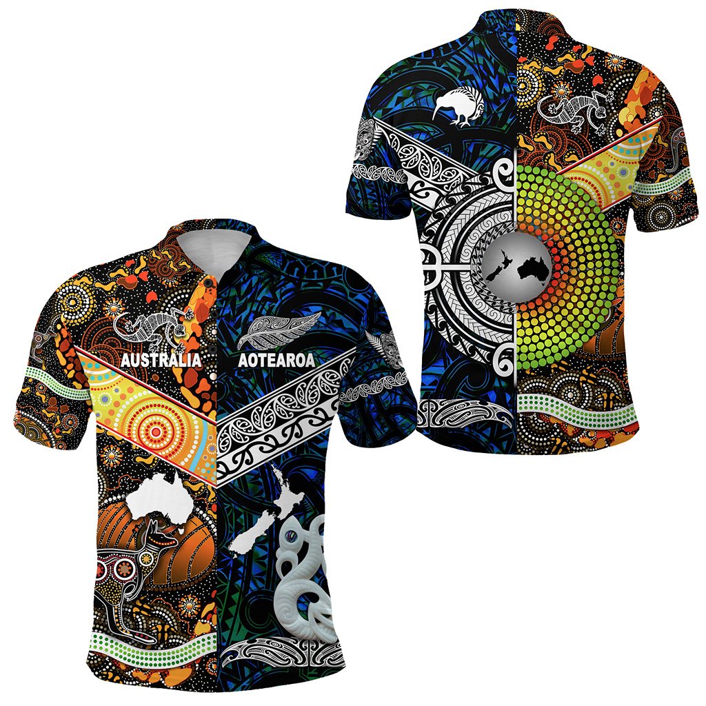 New Zealand Australia Polo Shirt Maori and Aboriginal Together Blue LT8 - Polynesian Pride