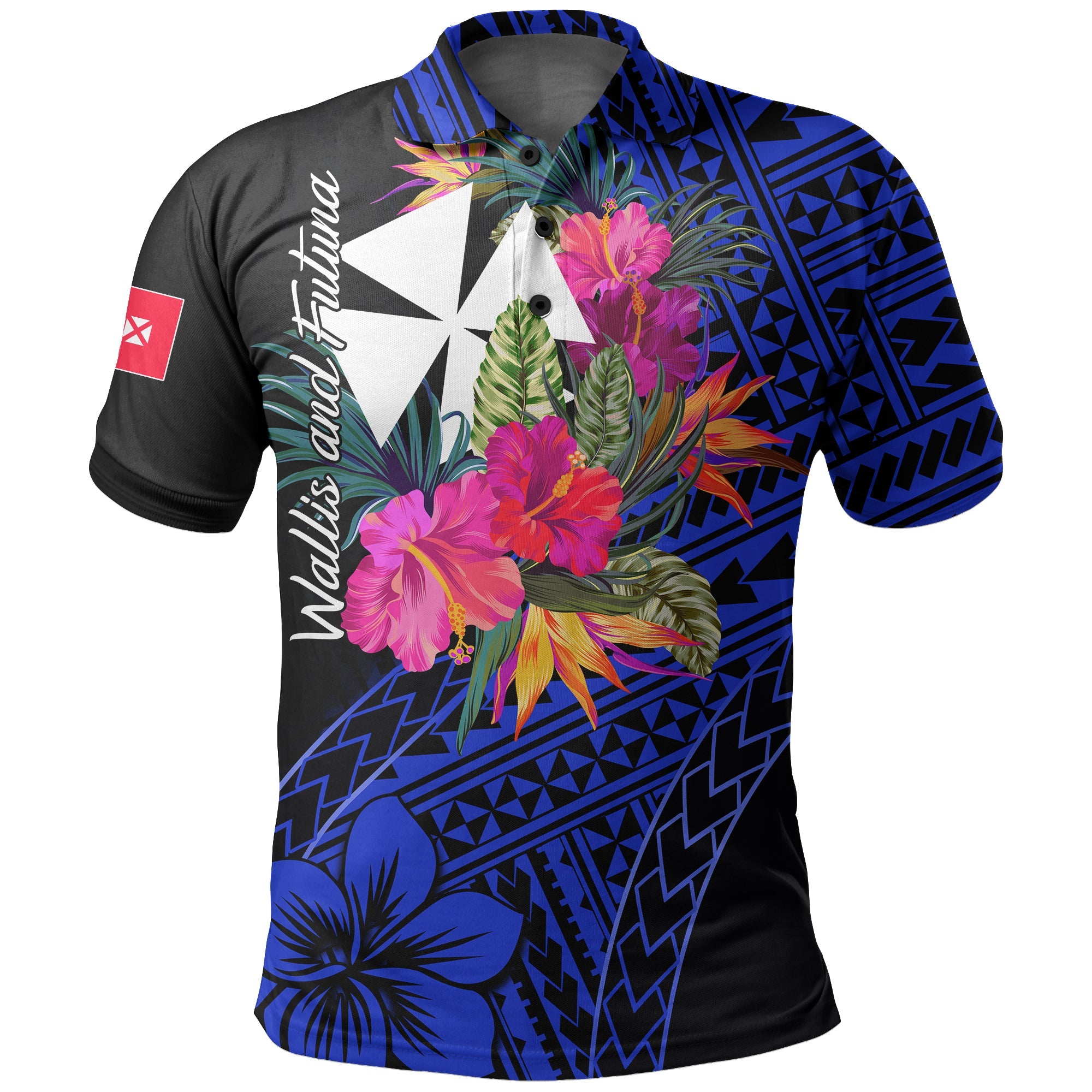 Wallis and Futuna Polo Shirt Hibiscus Blue No.1 Color LT6 Blue - Polynesian Pride