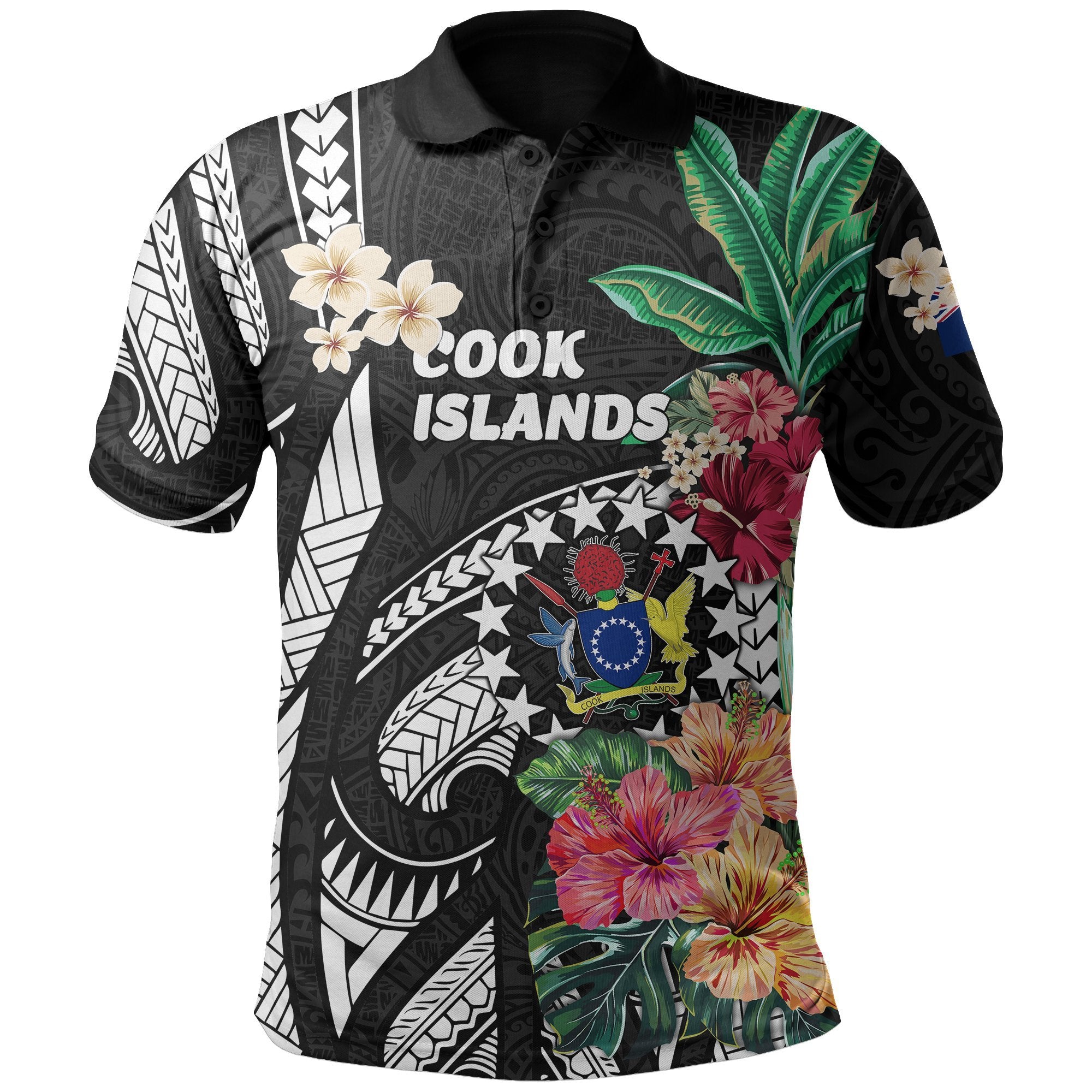 Cook Islands All Over Print Polo Shirt Coat Of Arms Polynesian With Hibiscus Black - Polynesian Pride