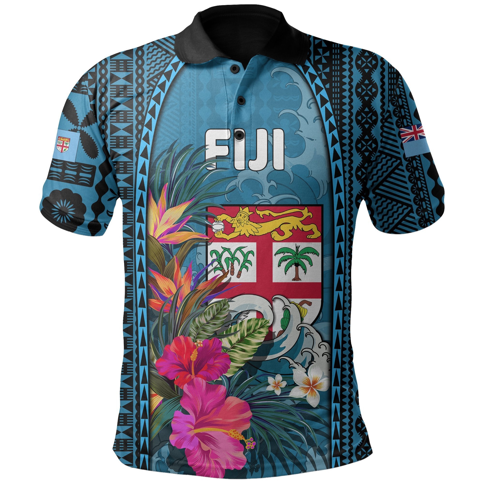 Fiji All Over Print Polo Shirt Coat Of Arms Polynesian With Hibiscus and Waves Blue - Polynesian Pride