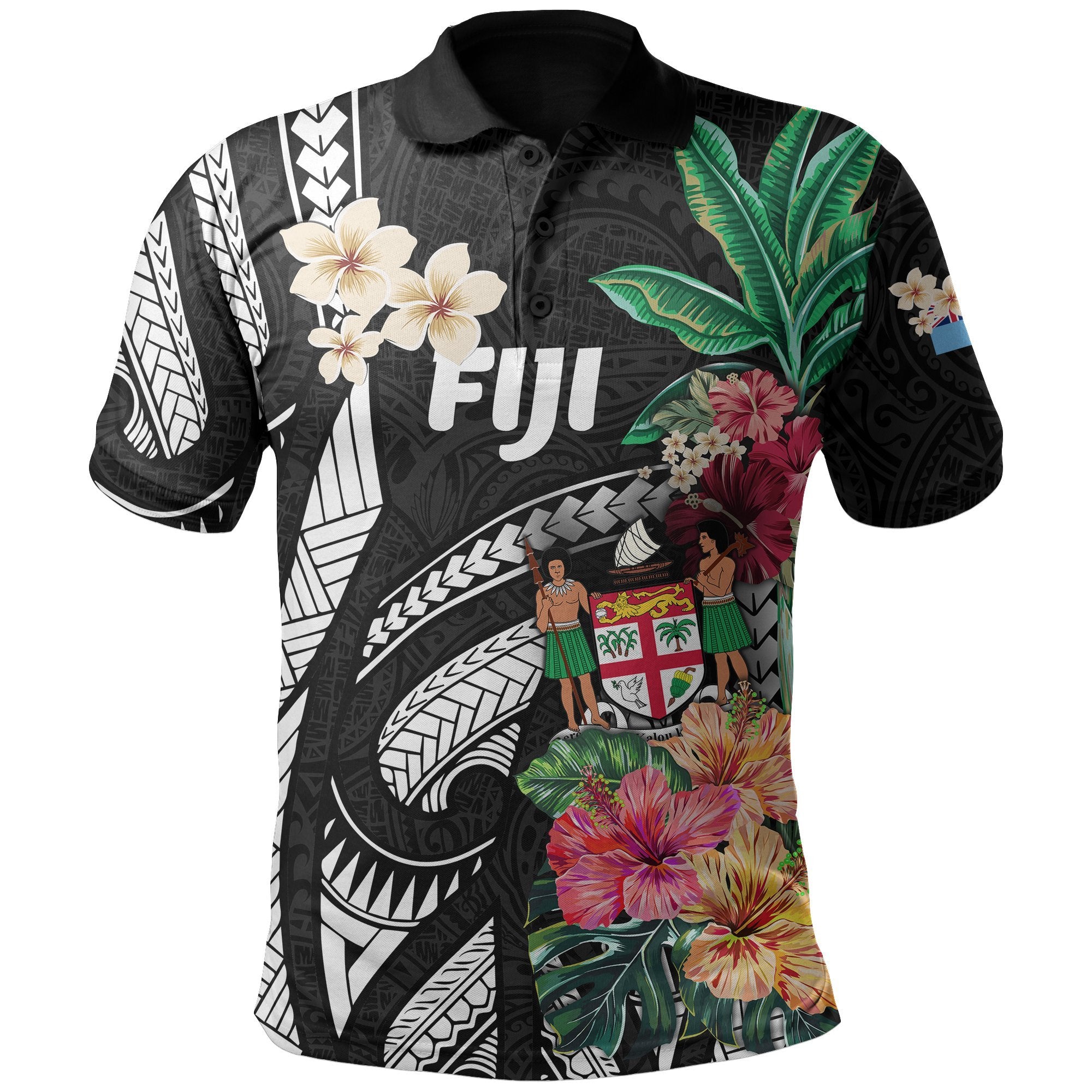 Fiji All Over Print Polo Shirt Coat Of Arms Polynesian With Hibiscus 2 Black - Polynesian Pride