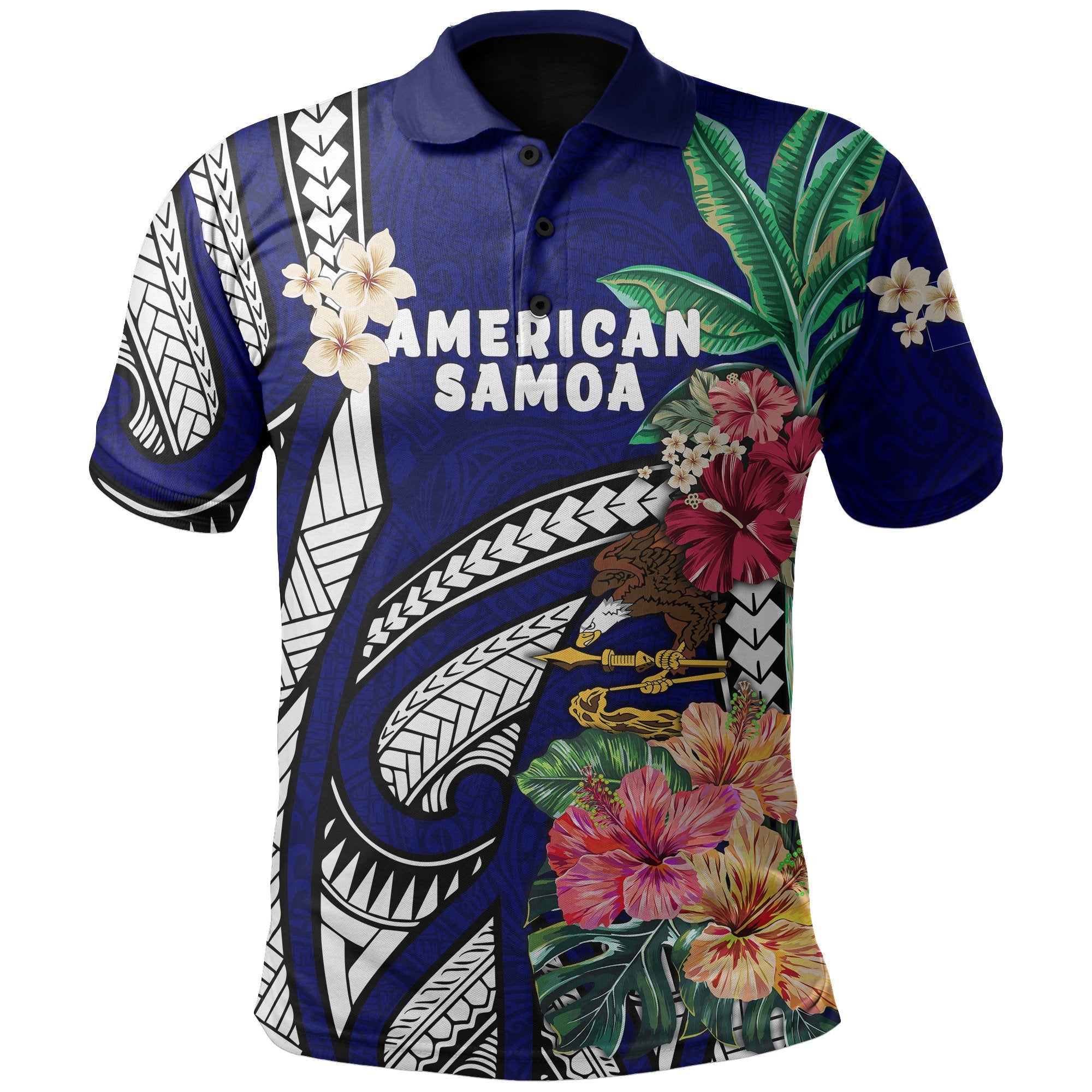 American Samoa All Over Print Polo Shirt Coat Of Arms Polynesian With Hibiscus Blue Blue - Polynesian Pride