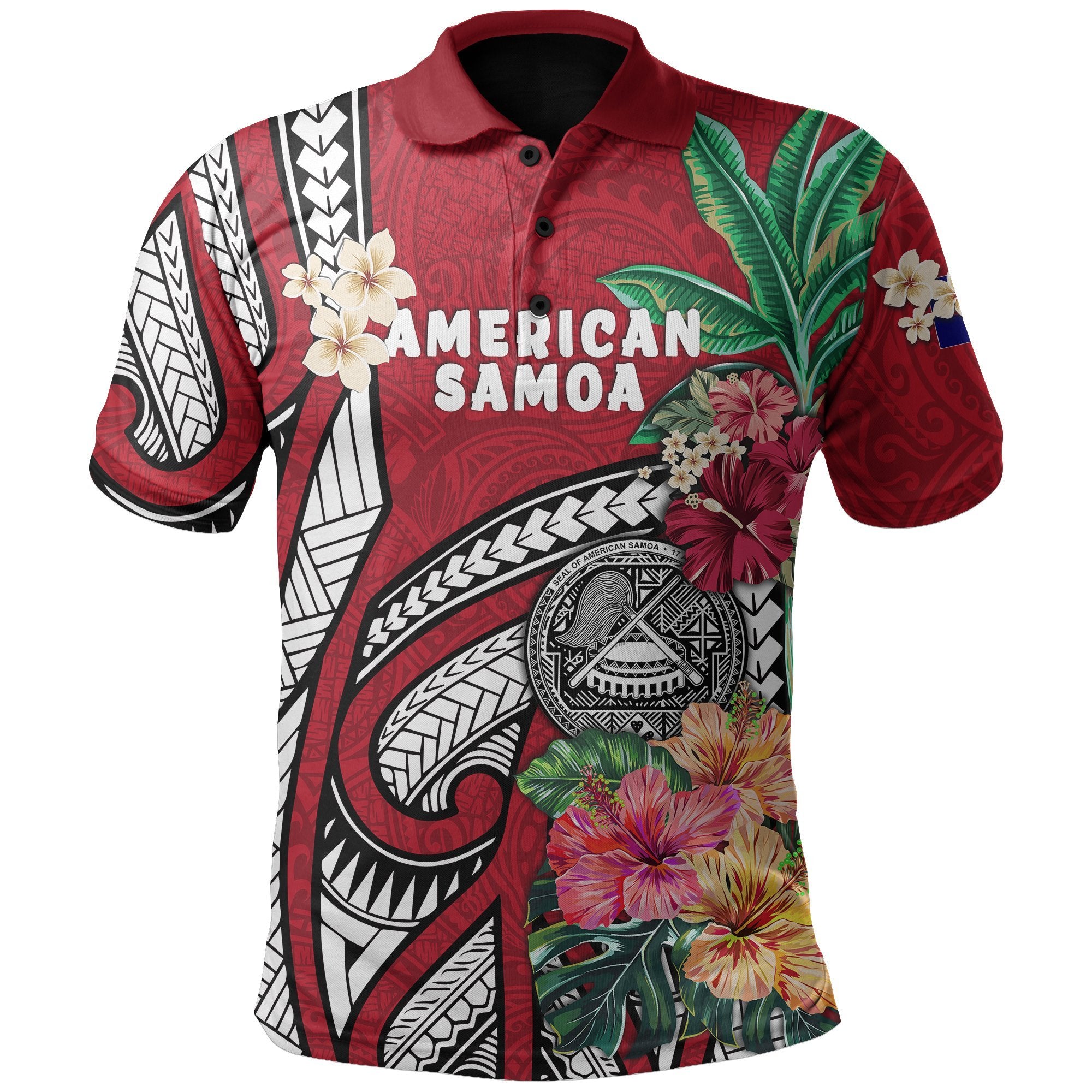 American Samoa All Over Print Polo Shirt Coat Of Arms Polynesian With Hibiscus Red Red - Polynesian Pride