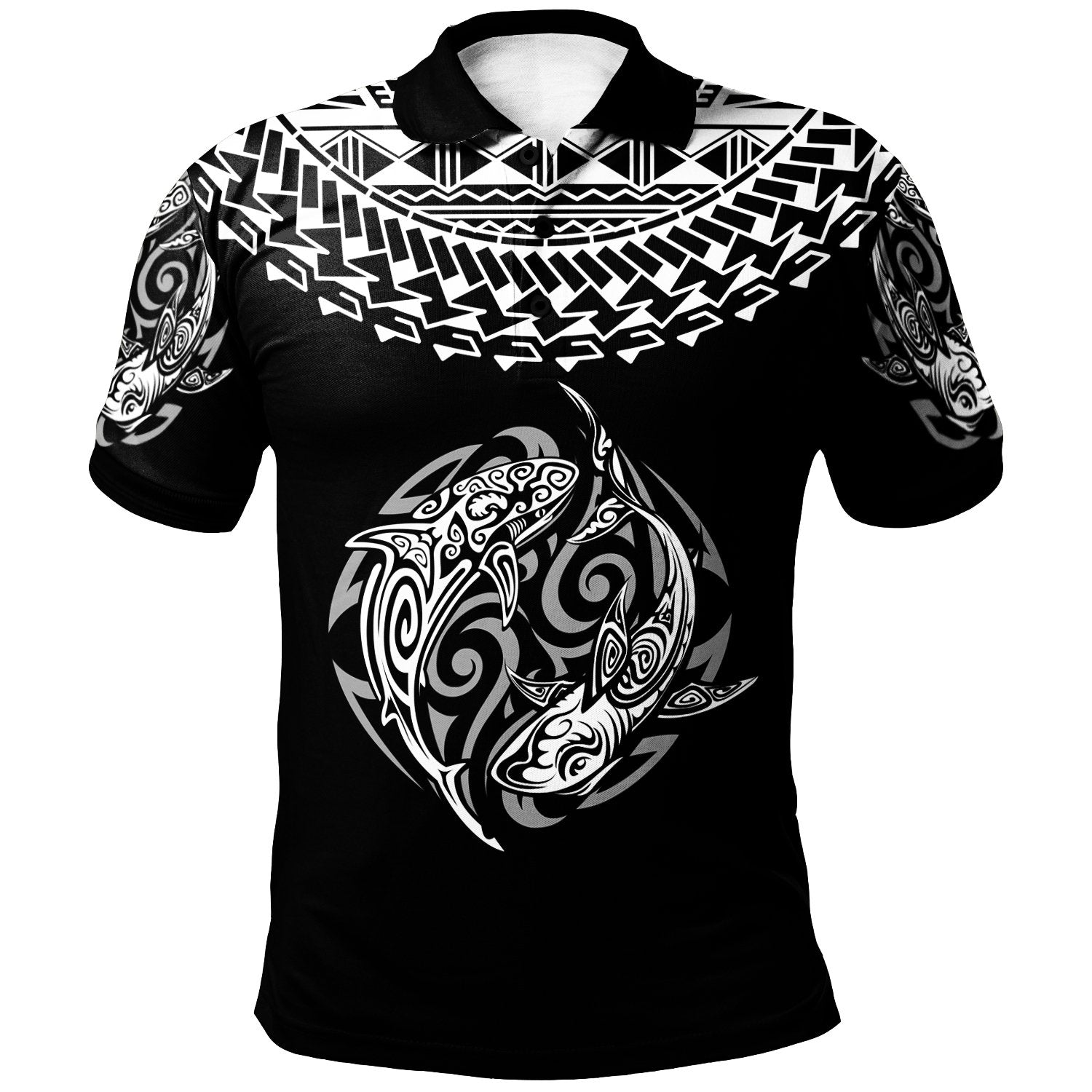 Polo Shirt Polynesian Shark Tattoo White Black Color Unisex Black - Polynesian Pride