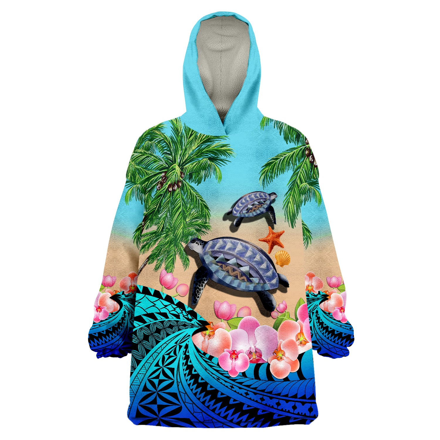 Polynesian Turtle Coconut Tree And Orchids Wearable Blanket Hoodie LT14 Unisex One Size - Polynesian Pride