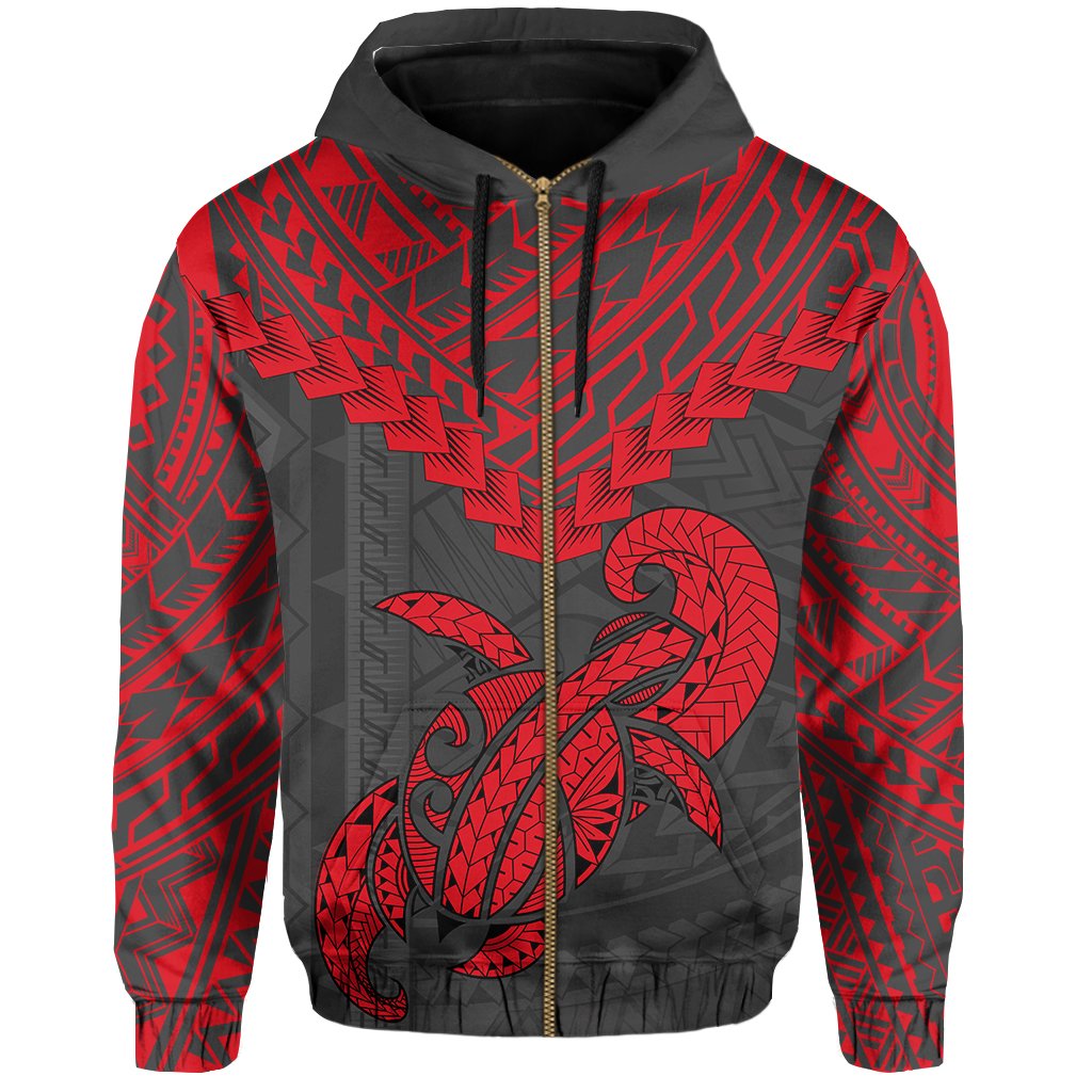 Polynesian Turtle Kanaka Map Hawaii Hoodie Zip Red Ti Style - Polynesian Pride
