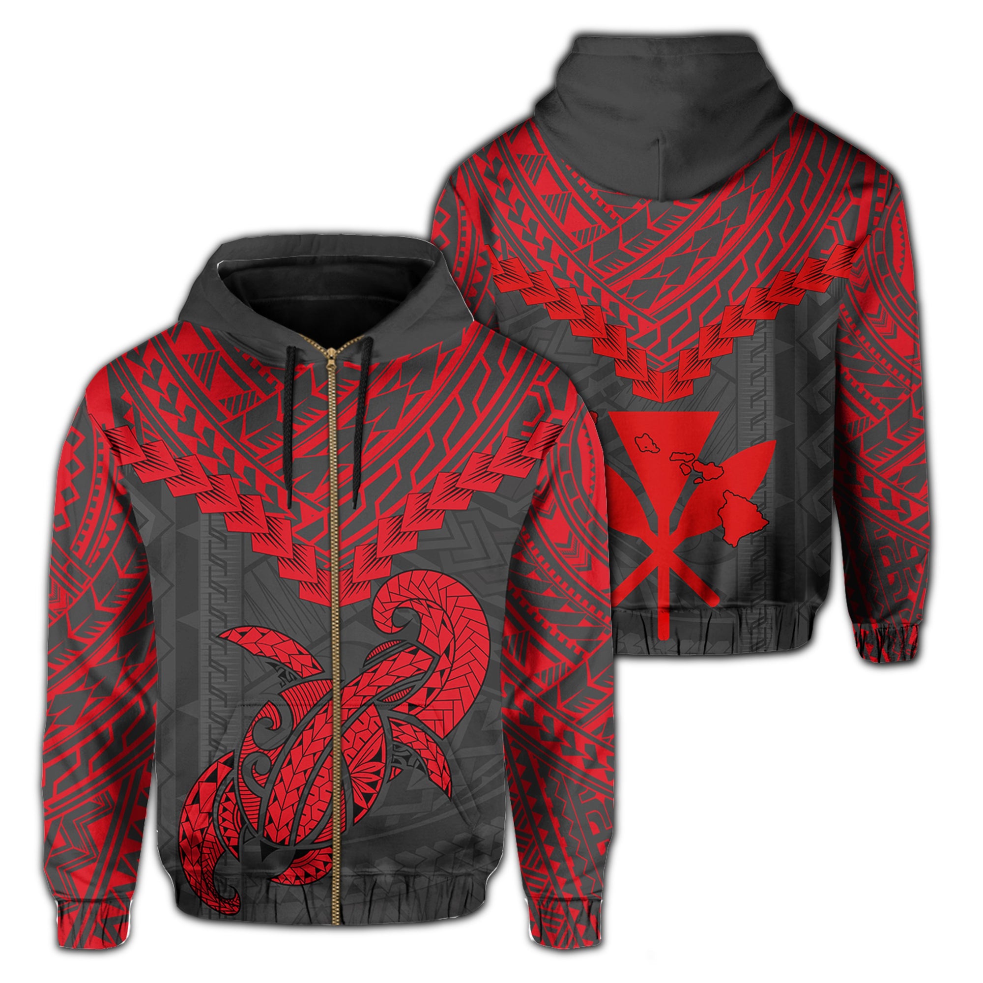 Polynesian Turtle Kanaka Map Hawaii Hoodie Zip Red Ti Style Unisex Red - Polynesian Pride