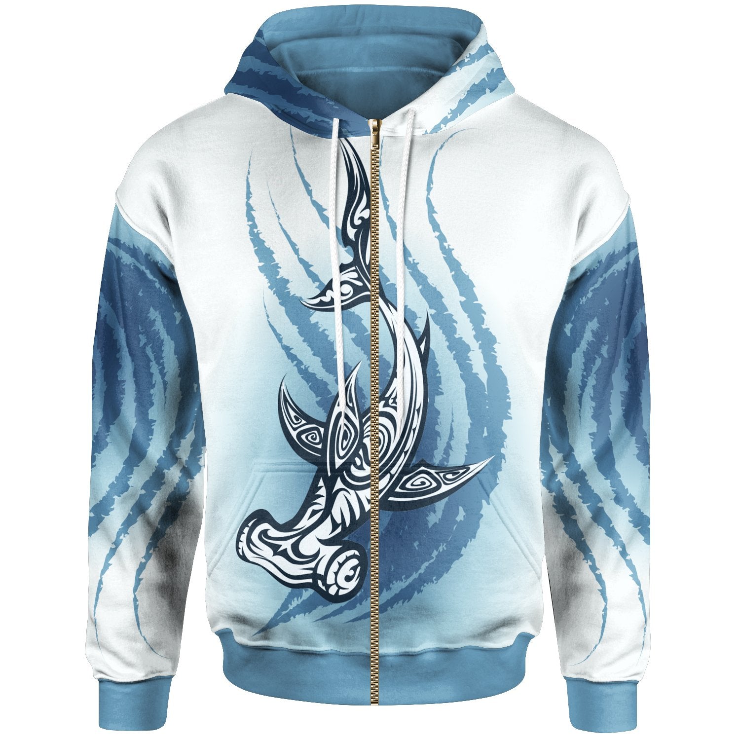 Hawaii Zip up Hoodie Hammerhead Shark Tribal Pattern Blue Color Unisex Blue - Polynesian Pride