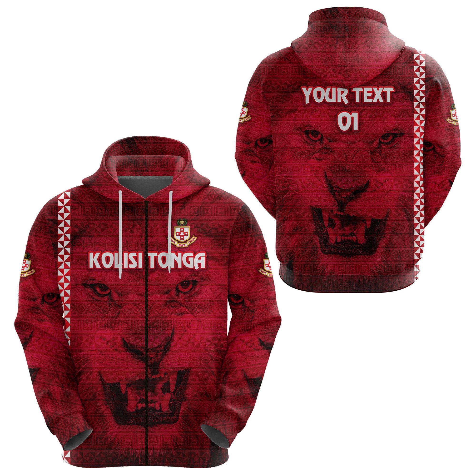 Custom Kolisi Tonga Zip Hoodie Mate Maa Tonga Powerful Lion, Custom Text and Number Unisex Red - Polynesian Pride