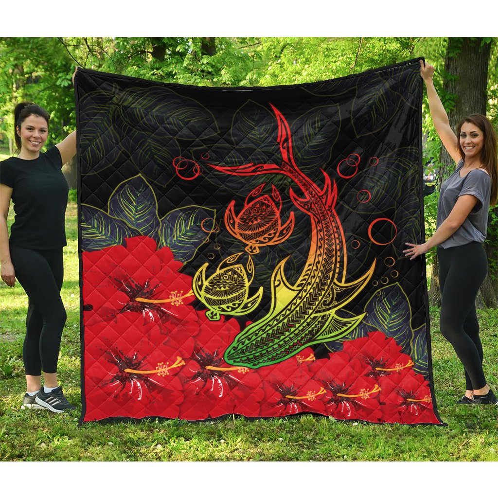 Hawaii Shark Turtle Hibiscus Polynesian Premium Quilt - Vera Style - AH Black - Polynesian Pride