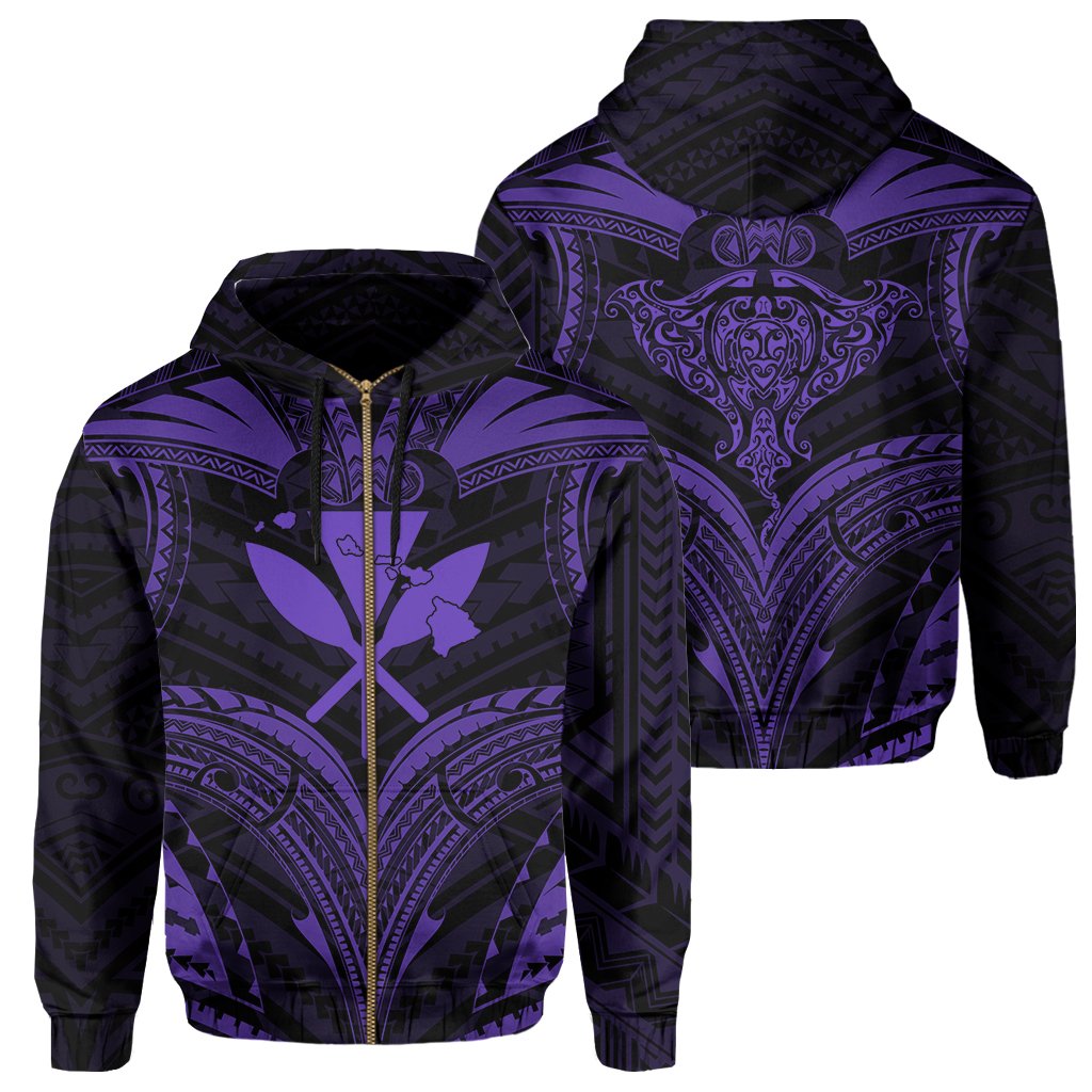 Polynesian Kanaka Shark Turtle Manta Ray Map of Hawaii Zip Hoodie Purple Unisex Purple - Polynesian Pride