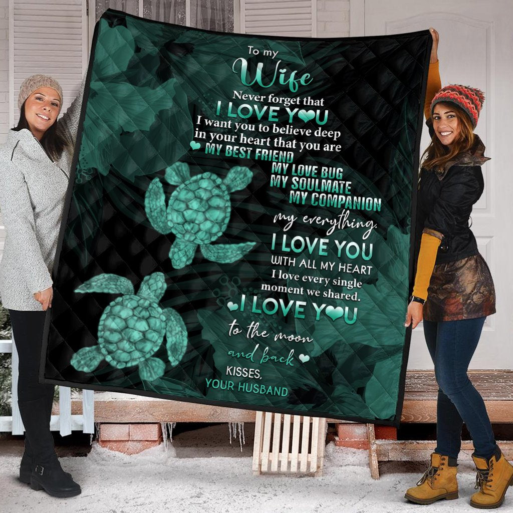 Hawaii Turtle Premium Quilt Hibiscus To My Wife Turquoise AH Turquoise - Polynesian Pride