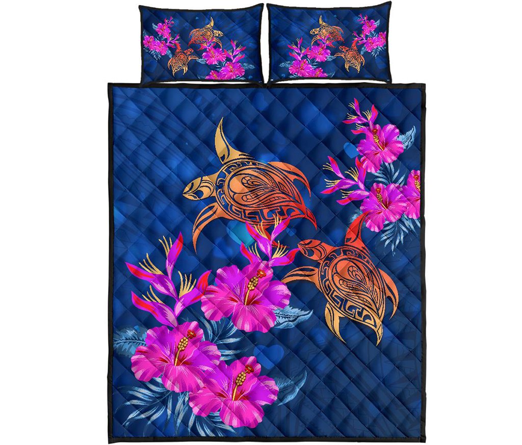 Hawaii Couple Turtle Hibiscus Valentine Quilt Bed Set - Light Style - AH Blue - Polynesian Pride