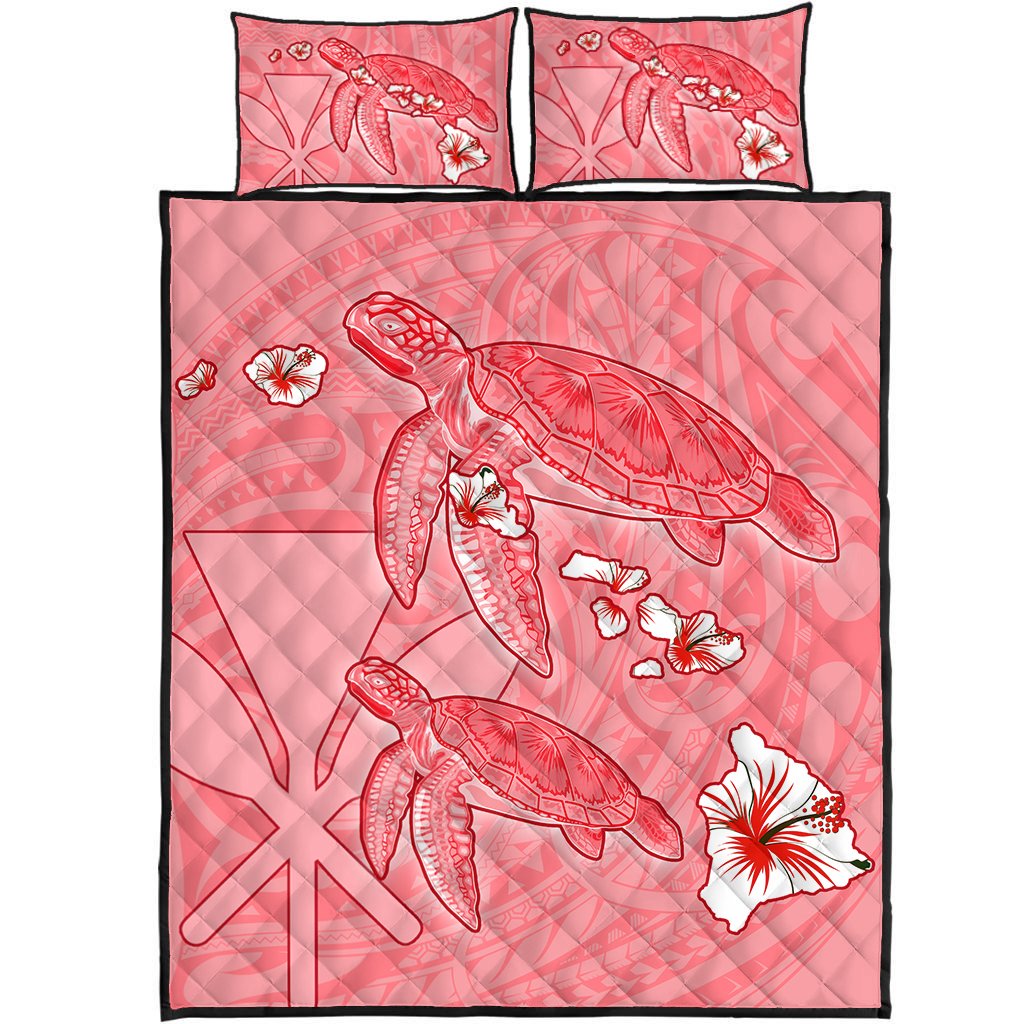 Hawaii Turtle Hibiscus Kanaka Map Quilt Bed Set - Red - Aura Style - AH Red - Polynesian Pride