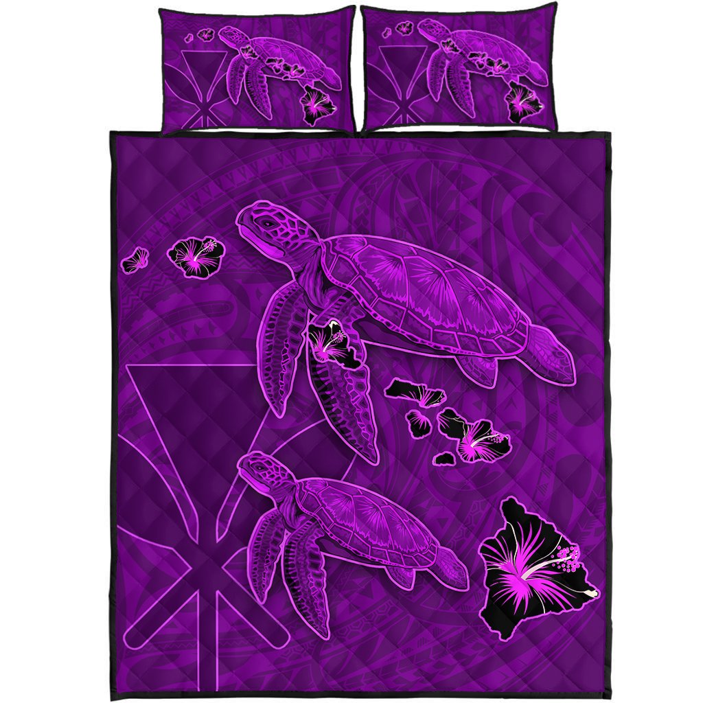 Hawaii Turtle Hibiscus Kanaka Map Quilt Bed Set - Violet - Aura Style - AH Violet - Polynesian Pride