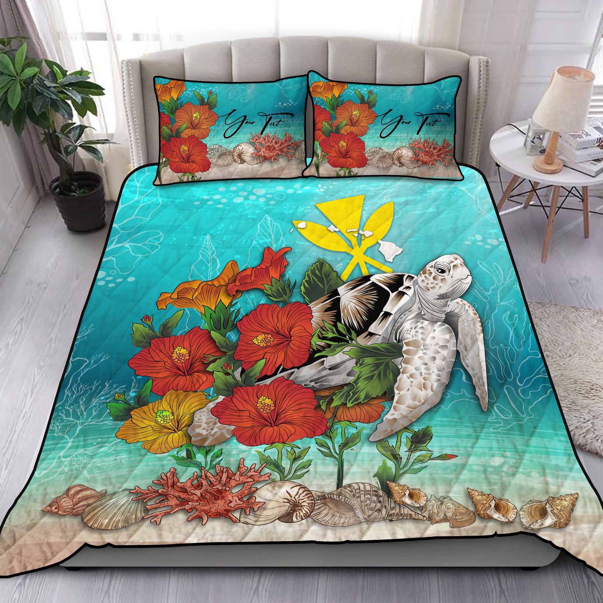 (Custom) Hawaii Quilt Bed Set - Ocean Turtle Hibiscus Personal Signature Blue - Polynesian Pride