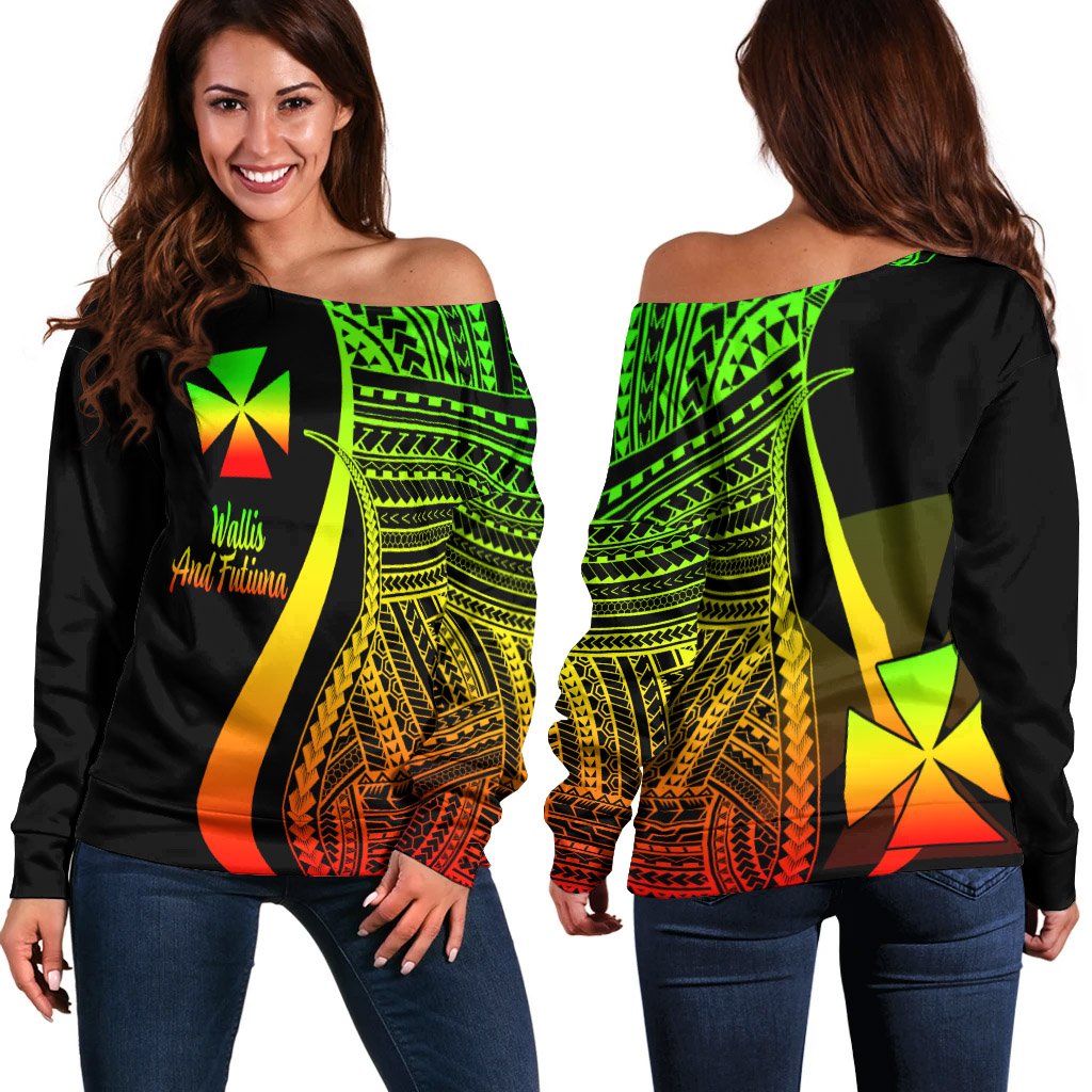 Wallis And Futuna Women's Off Shoulder Sweater - Reggae Polynesian Tentacle Tribal Pattern Art - Polynesian Pride