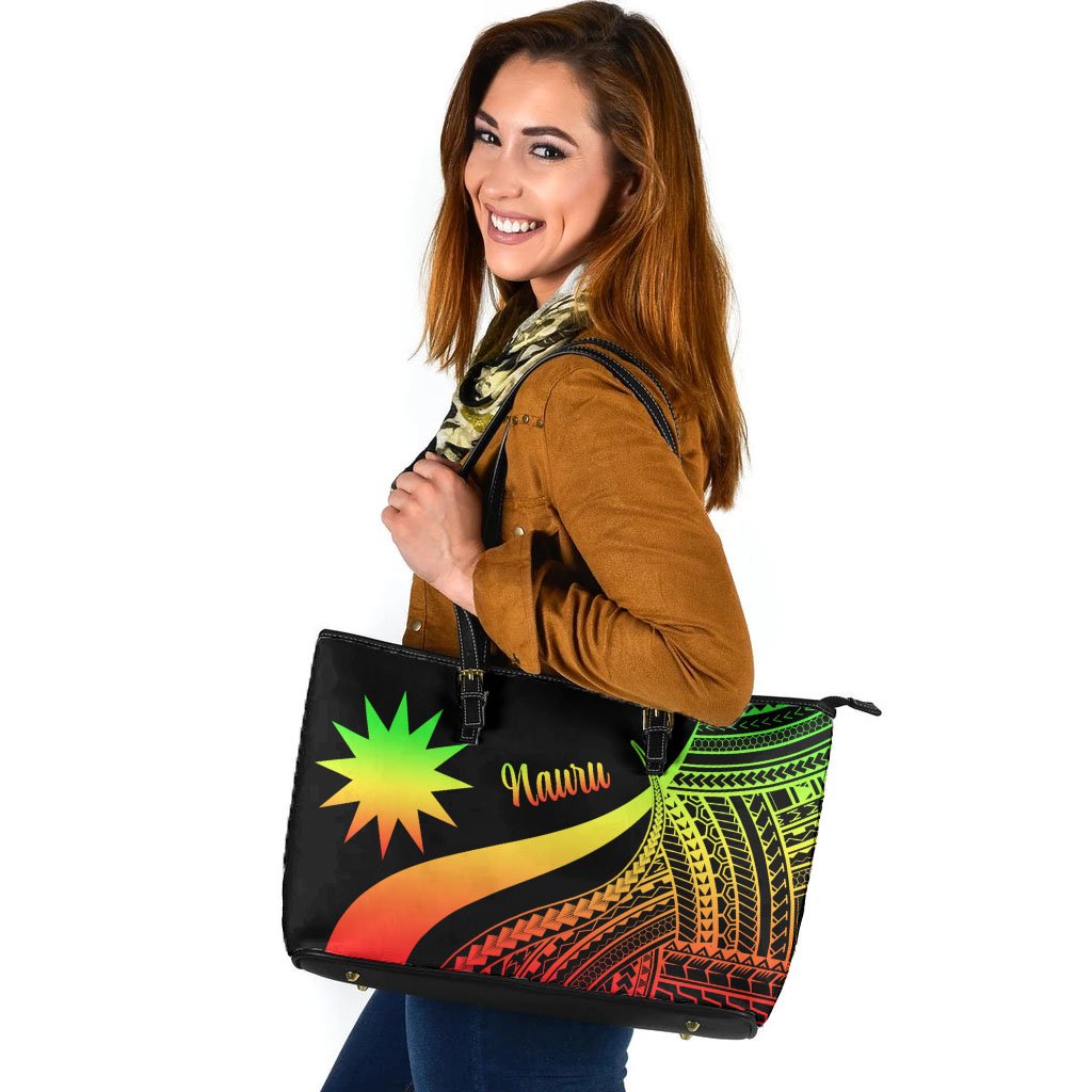 Nauru Large Leather Tote Bag - Reggae Polynesian Tentacle Tribal Pattern Reggae - Polynesian Pride