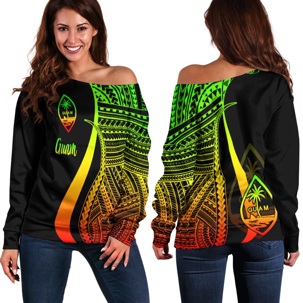 Guam Women's Off Shoulder Sweater - Reggae Polynesian Tentacle Tribal Pattern Art - Polynesian Pride