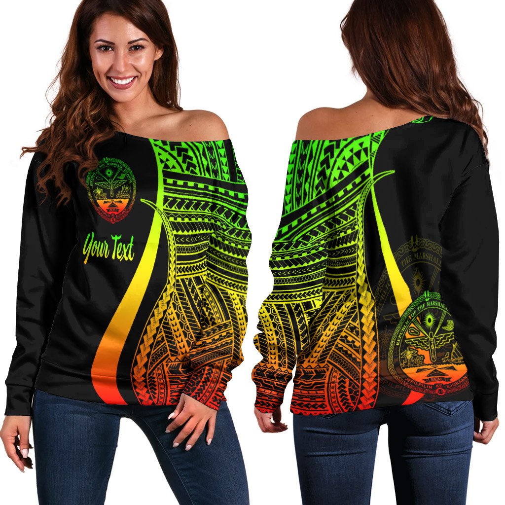 Marshall Islands Custom Personalised Women's Off Shoulder Sweater - Reggae Polynesian Tentacle Tribal Pattern Crest Art - Polynesian Pride