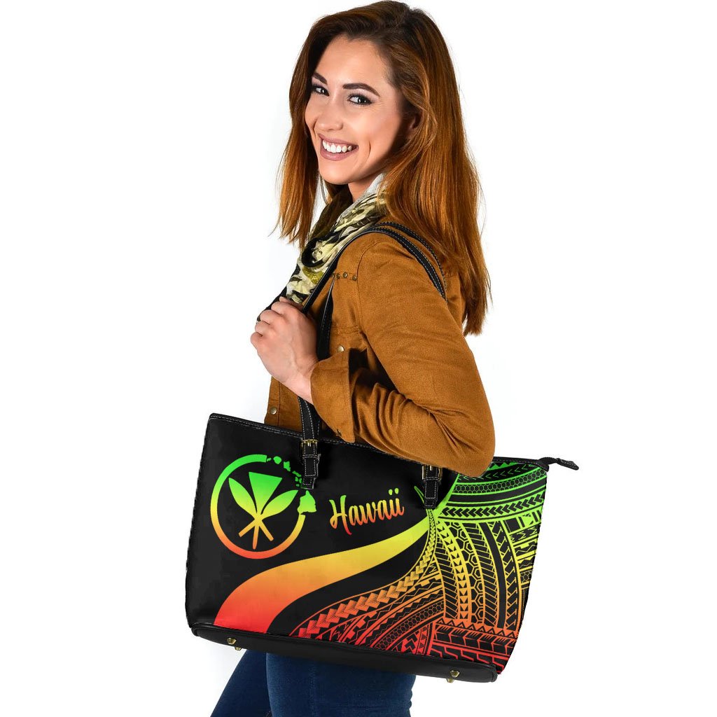 Hawaii Large Leather Tote Bag - Reggae Polynesian Tentacle Tribal Pattern Reggae - Polynesian Pride