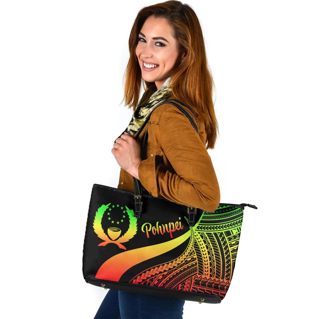 Pohnpei Large Leather Tote Bag - Reggae Polynesian Tentacle Tribal Pattern Reggae - Polynesian Pride