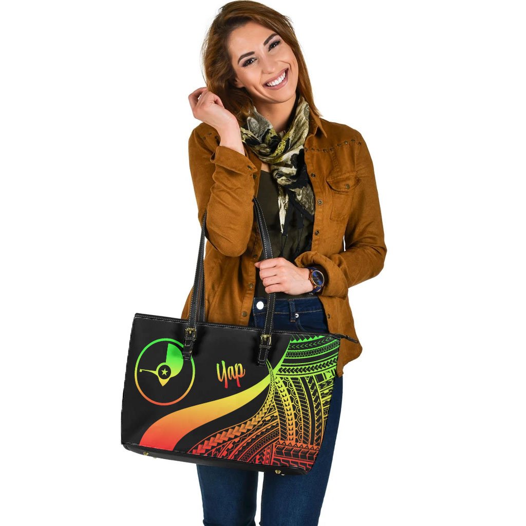 Yap Large Leather Tote Bag - Reggae Polynesian Tentacle Tribal Pattern - Polynesian Pride
