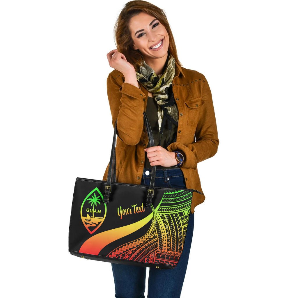 Guam Custom Personalised Large Leather Tote Bag - Reggae Polynesian Tentacle Tribal Pattern - Polynesian Pride