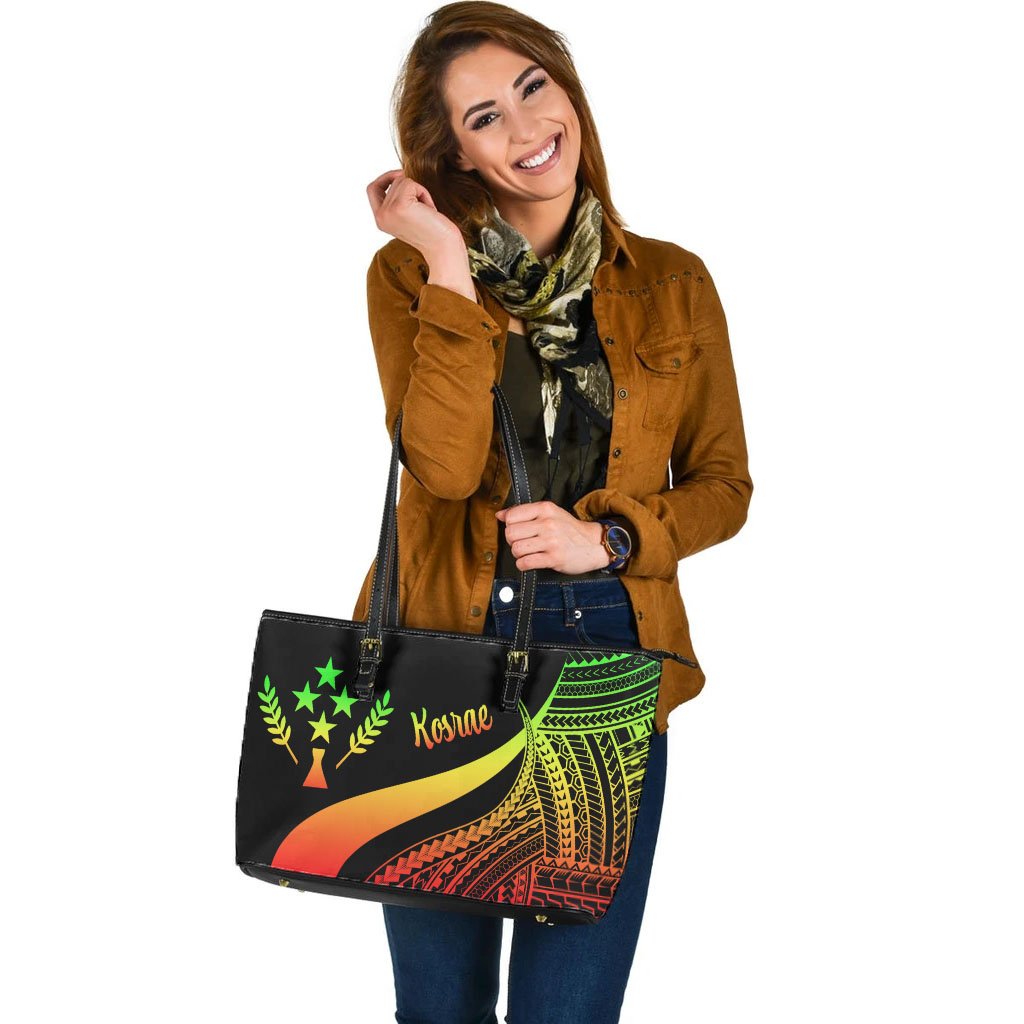 Kosrae Large Leather Tote Bag - Reggae Polynesian Tentacle Tribal Pattern - Polynesian Pride