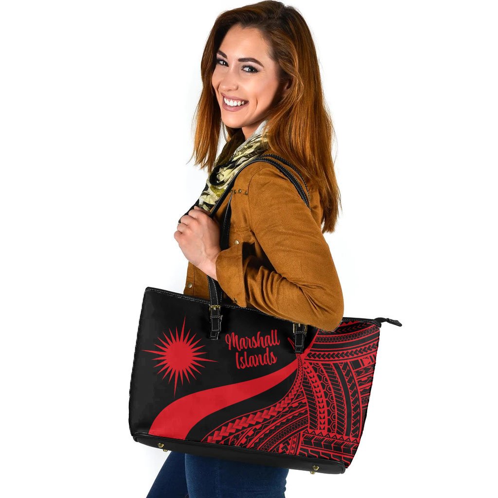 Marshall Islands Large Leather Tote Bag - Red Polynesian Tentacle Tribal Pattern Red - Polynesian Pride