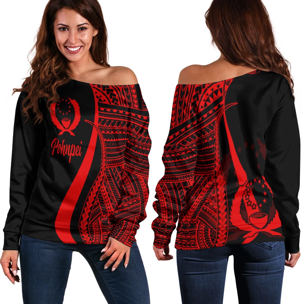 Pohnpei Women's Off Shoulder Sweater - Red Polynesian Tentacle Tribal Pattern Red - Polynesian Pride