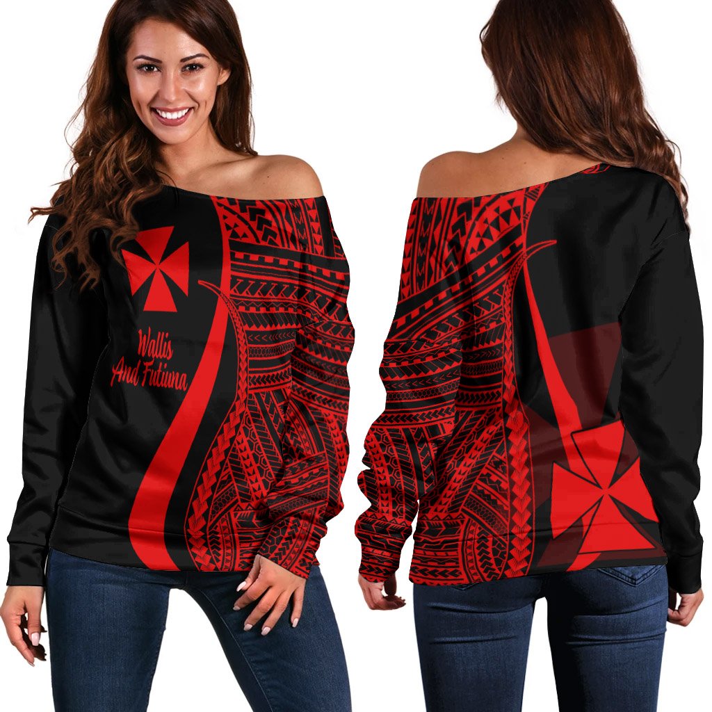 Wallis And Futuna Women's Off Shoulder Sweater - Red Polynesian Tentacle Tribal Pattern Red - Polynesian Pride