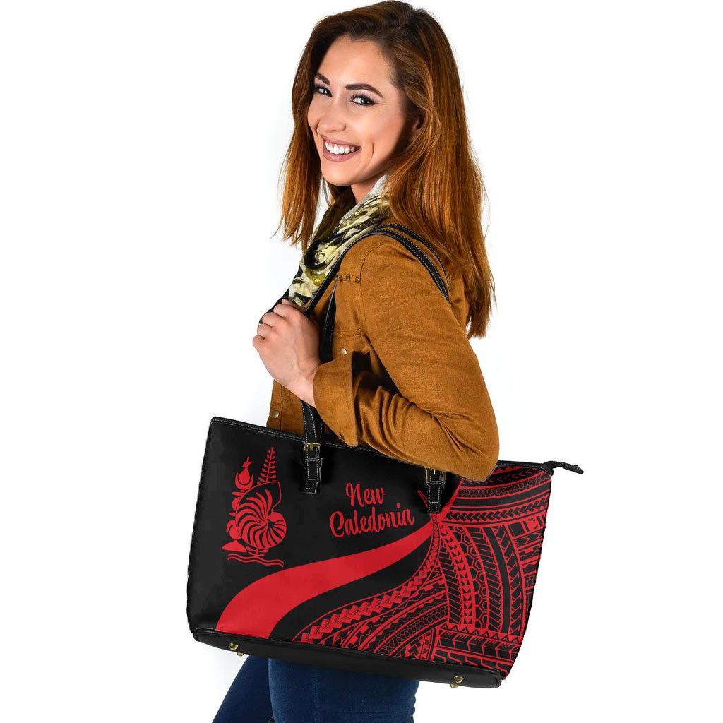 New Caledonia Large Leather Tote Bag - Red Polynesian Tentacle Tribal Pattern Crest Red - Polynesian Pride