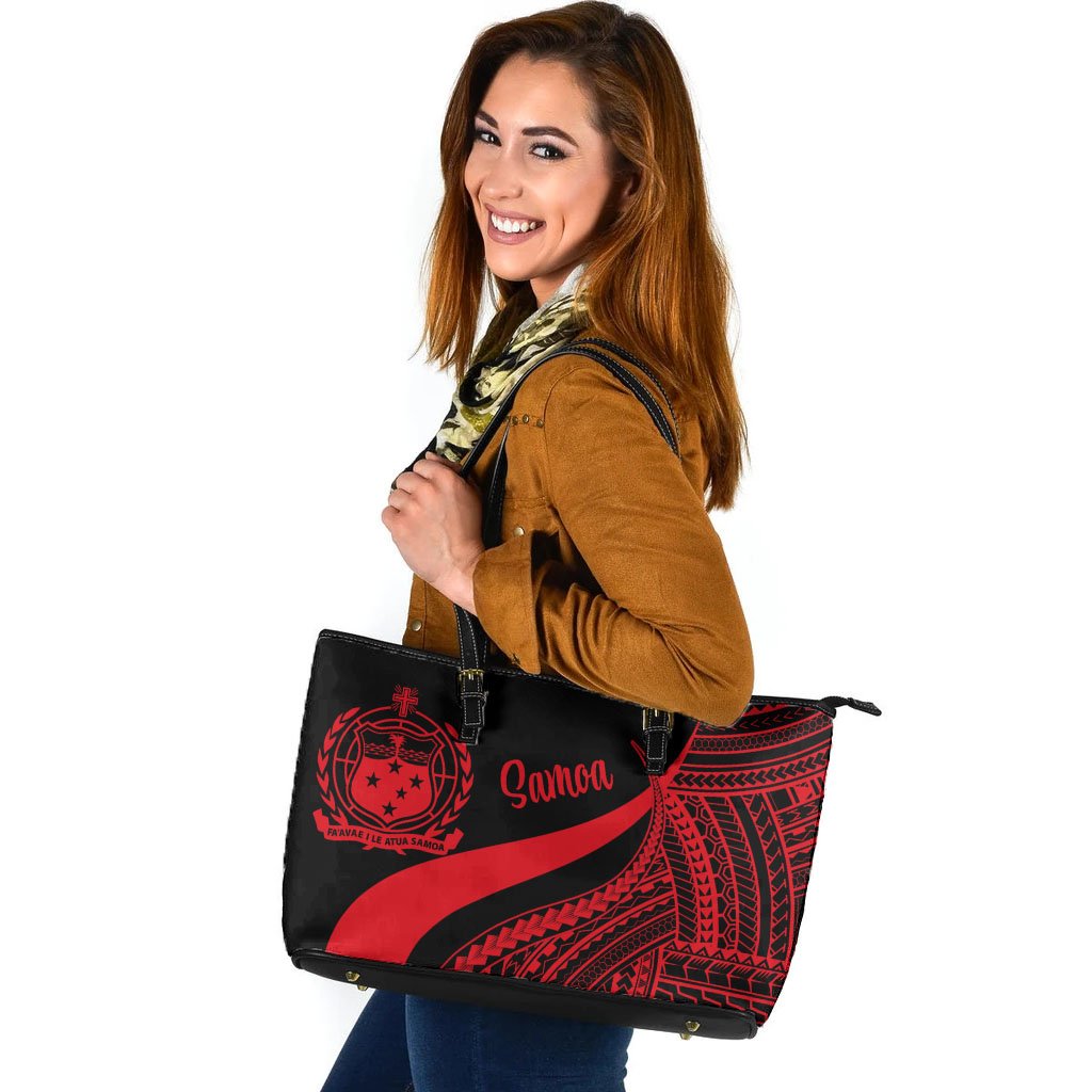 Samoa Large Leather Tote Bag - Red Polynesian Tentacle Tribal Pattern Red - Polynesian Pride