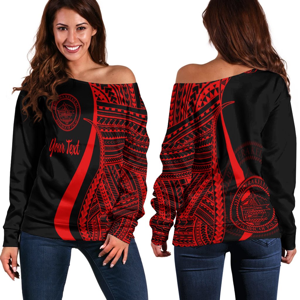 Palau Custom Personalised Women's Off Shoulder Sweater - Red Polynesian Tentacle Tribal Pattern Crest Red - Polynesian Pride