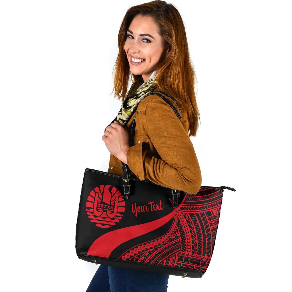 Tahiti Custom Personalised Large Leather Tote Bag - Red Polynesian Tentacle Tribal Pattern Red - Polynesian Pride