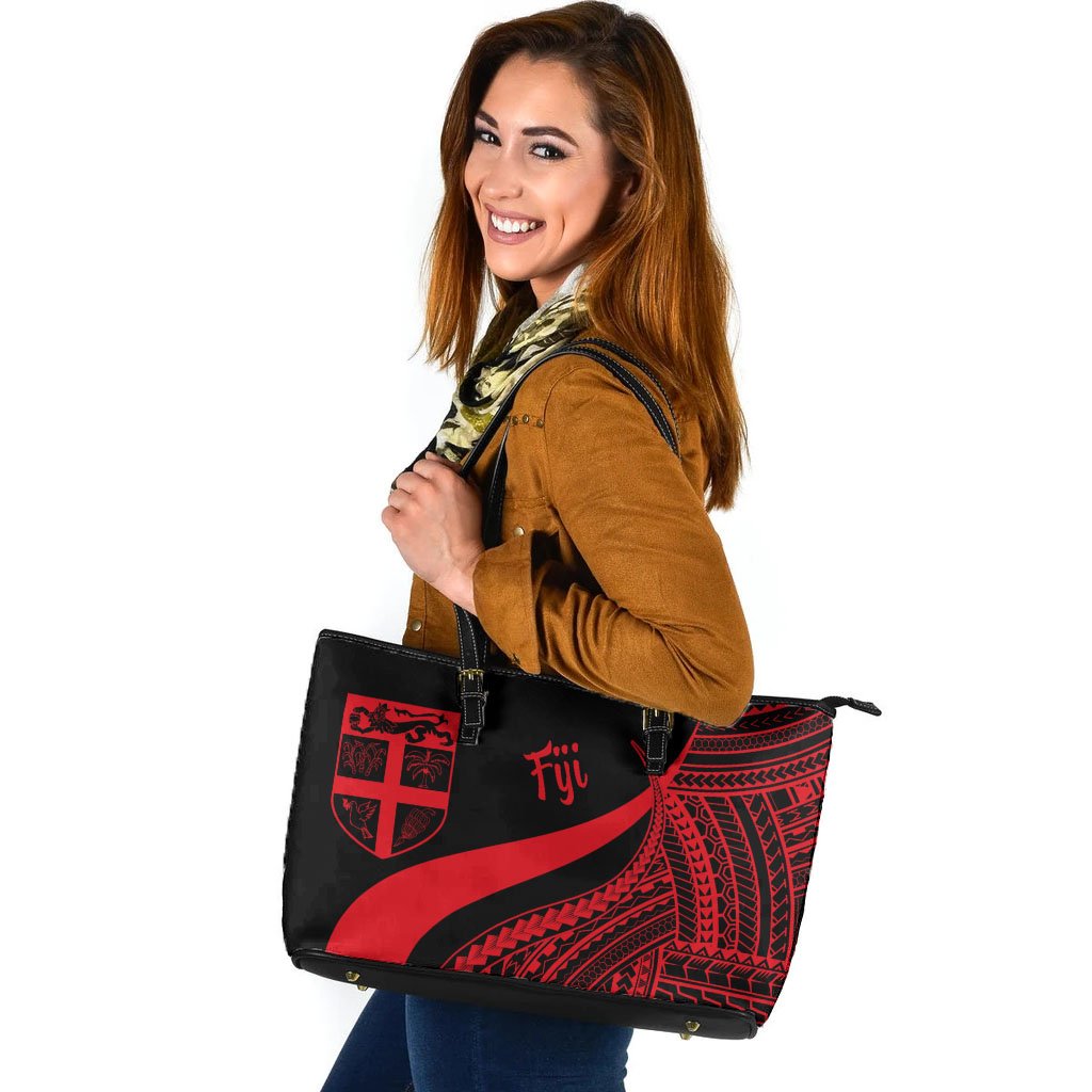 Fiji Large Leather Tote Bag - Red Polynesian Tentacle Tribal Pattern Red - Polynesian Pride