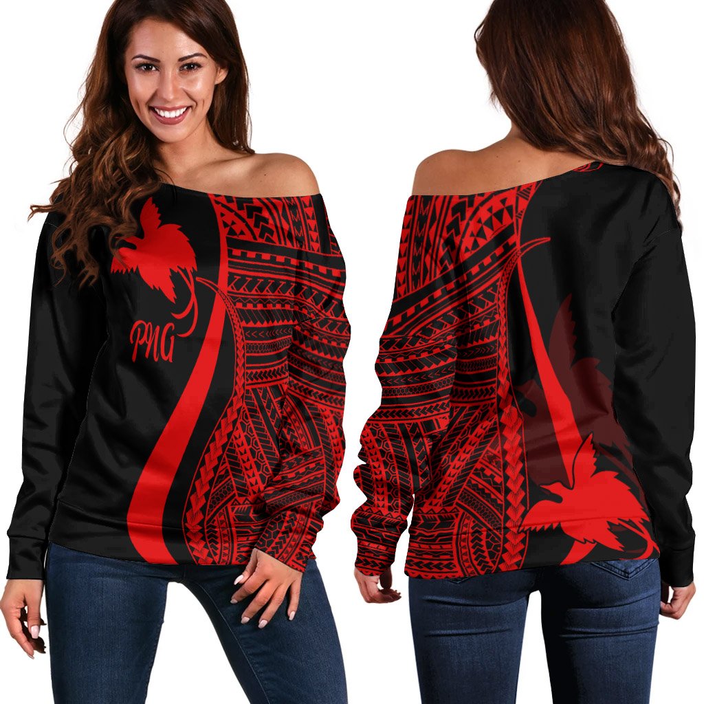 Papua New Guinea Women's Off Shoulder Sweater - Red Polynesian Tentacle Tribal Pattern Red - Polynesian Pride