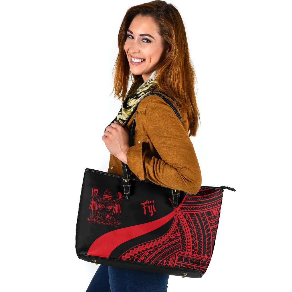 Fiji Large Leather Tote Bag - Red Polynesian Tentacle Tribal Pattern Crest Red - Polynesian Pride