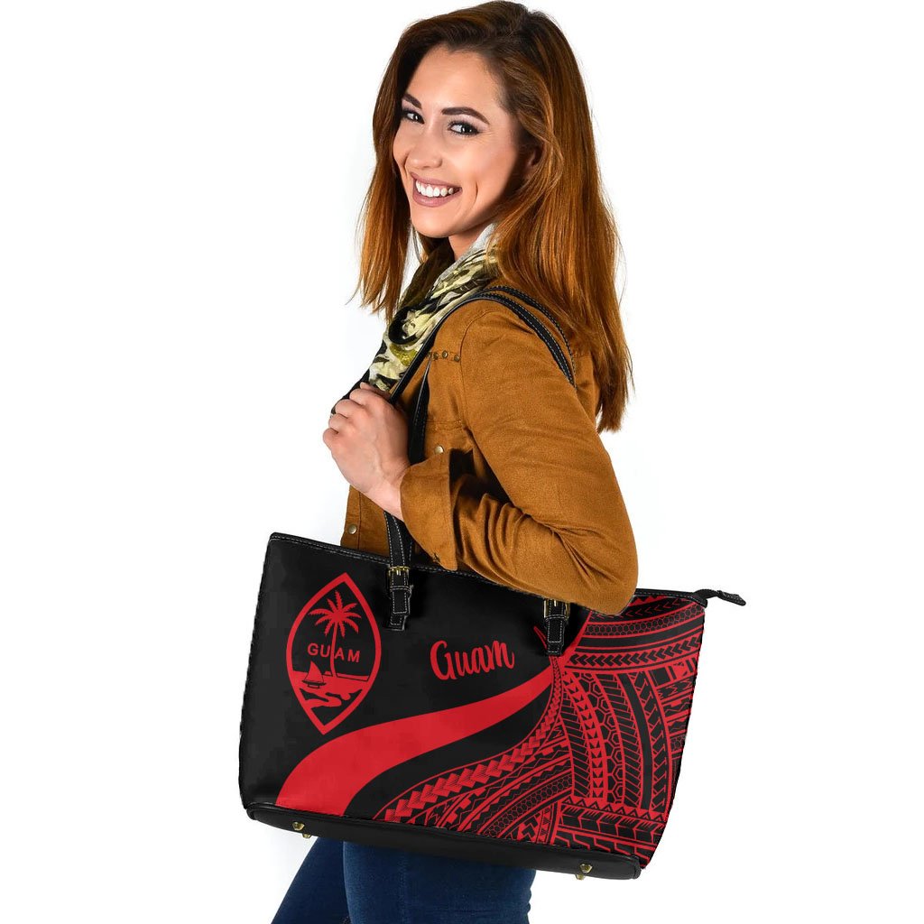 Guam Large Leather Tote Bag - Red Polynesian Tentacle Tribal Pattern Red - Polynesian Pride