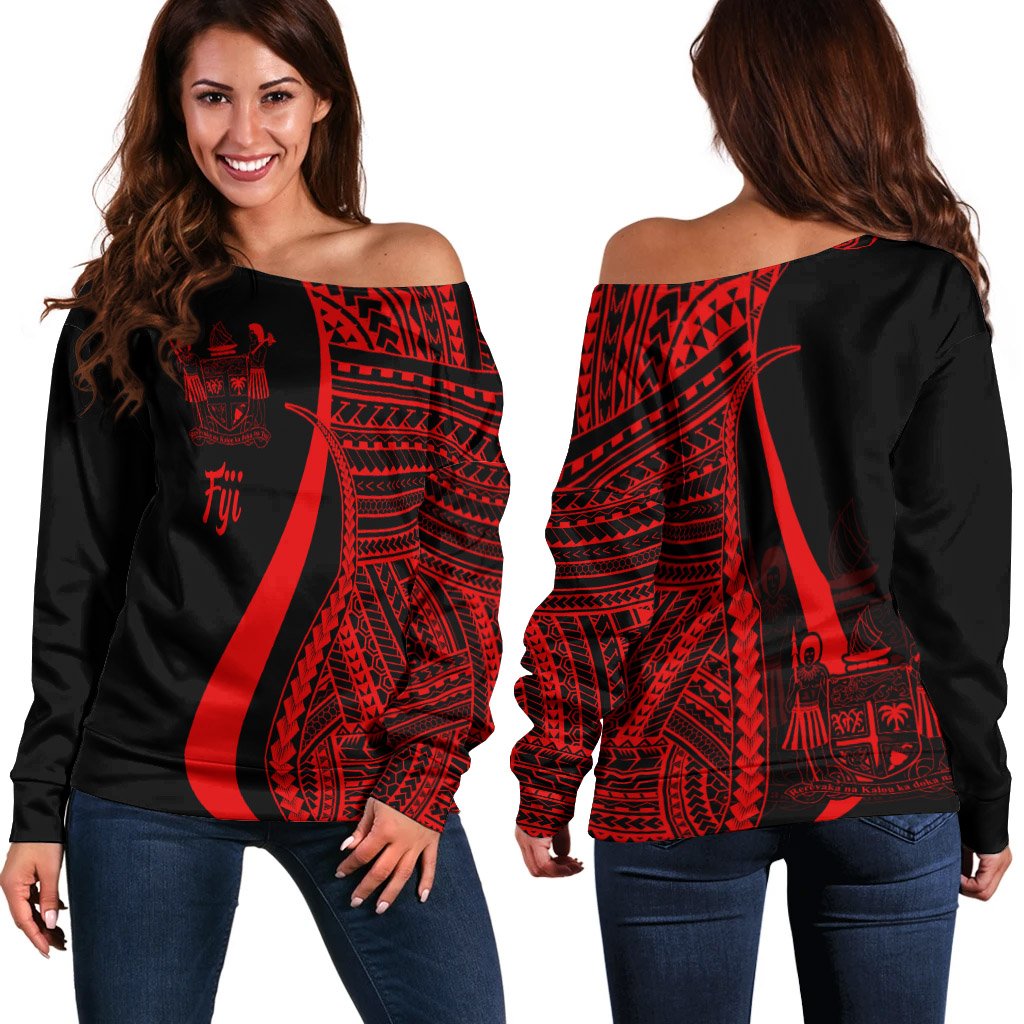 Fiji Women's Off Shoulder Sweater - Red Polynesian Tentacle Tribal Pattern Crest Red - Polynesian Pride