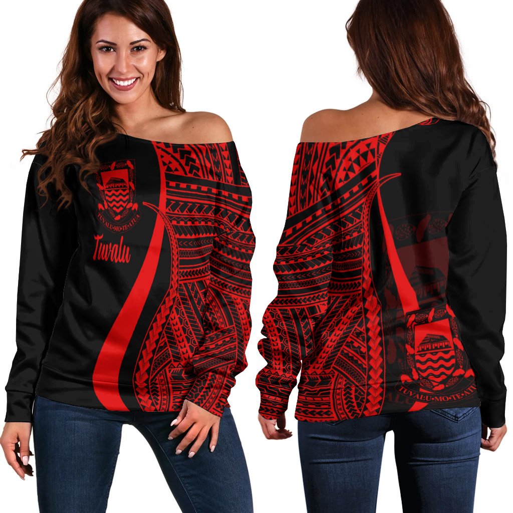 Tuvalu Women's Off Shoulder Sweater - Red Polynesian Tentacle Tribal Pattern Red - Polynesian Pride