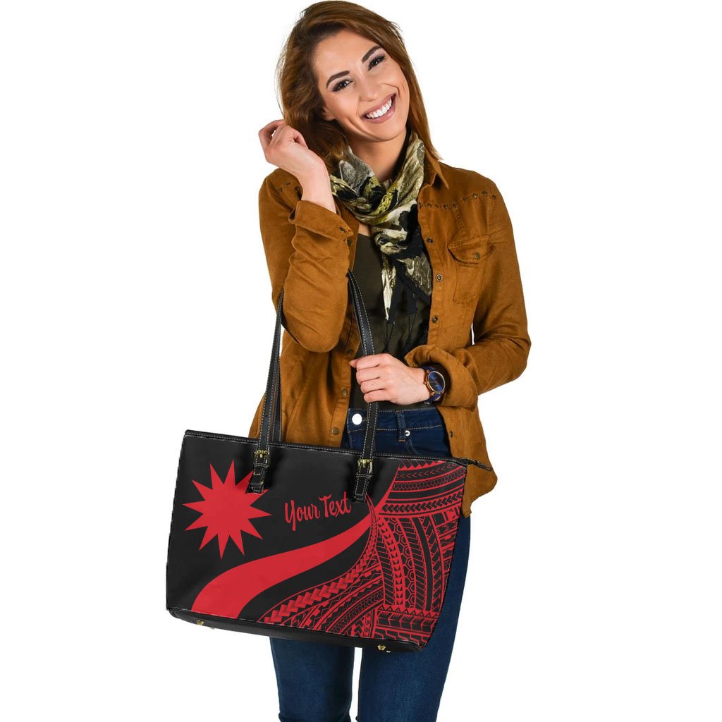Nauru Custom Personalised Large Leather Tote Bag - Red Polynesian Tentacle Tribal Pattern - Polynesian Pride